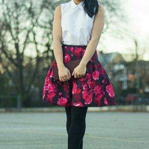 Hot Pink Floral Flare Pleated Skater Circle Skirt Pouf Bubble Puff